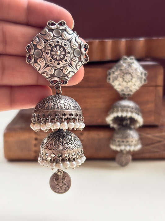 Maha Long Double Layer Pearl Jhumka – Oxidized Silver Earrings