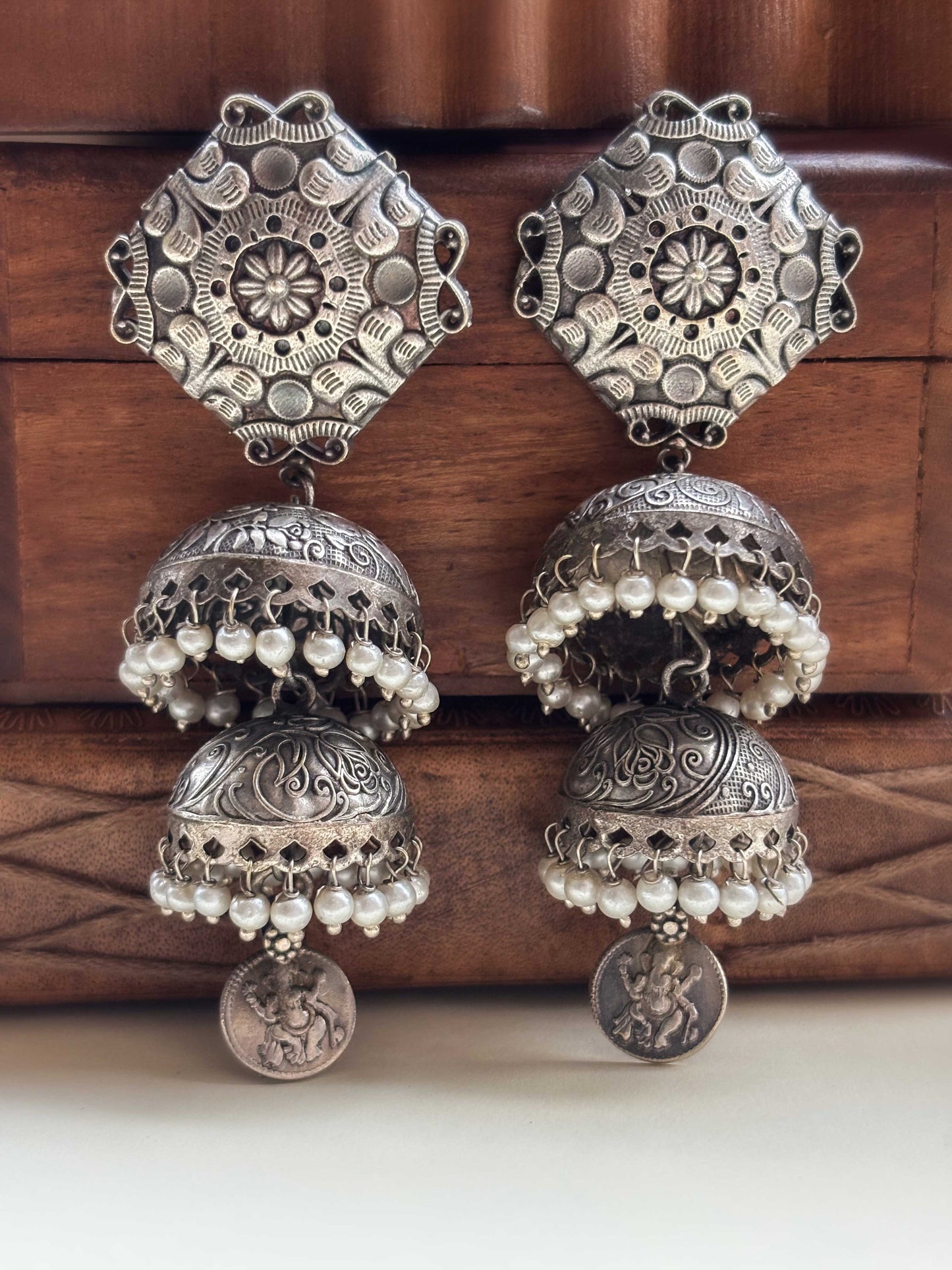 Maha Long Double Layer Pearl Jhumka – Oxidized Silver Earrings