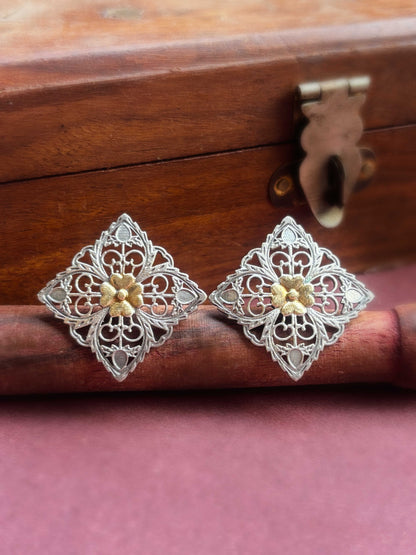 Mahua Dual Tone Studs – Oxidized Silver Replica Boho Earrings