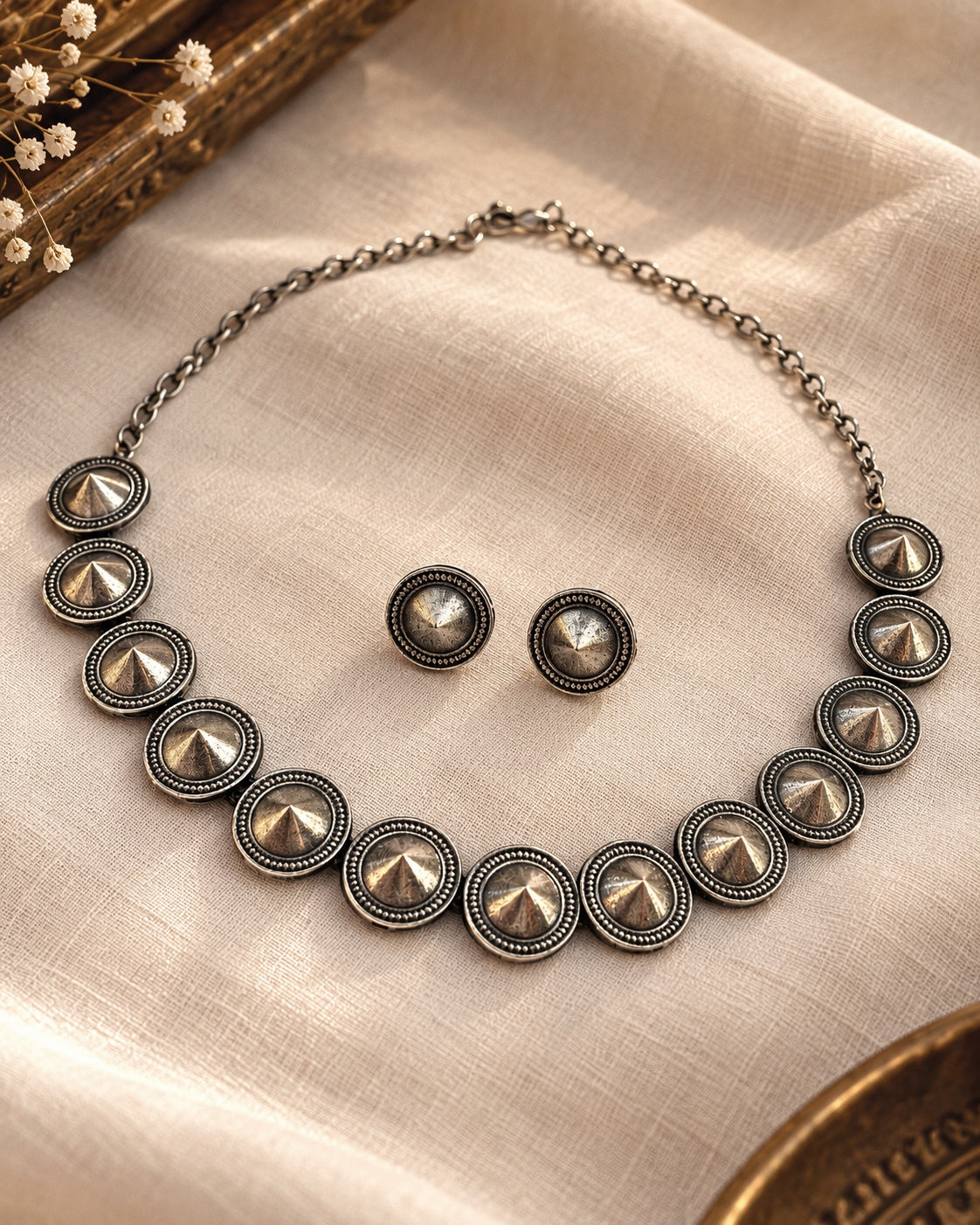 Mandakini Oxidized Silver Choker Necklace Set with Stud Earrings