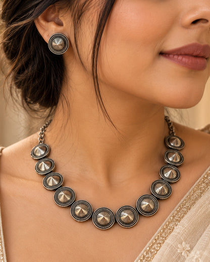 Mandakini Oxidized Silver Choker Necklace Set with Stud Earrings