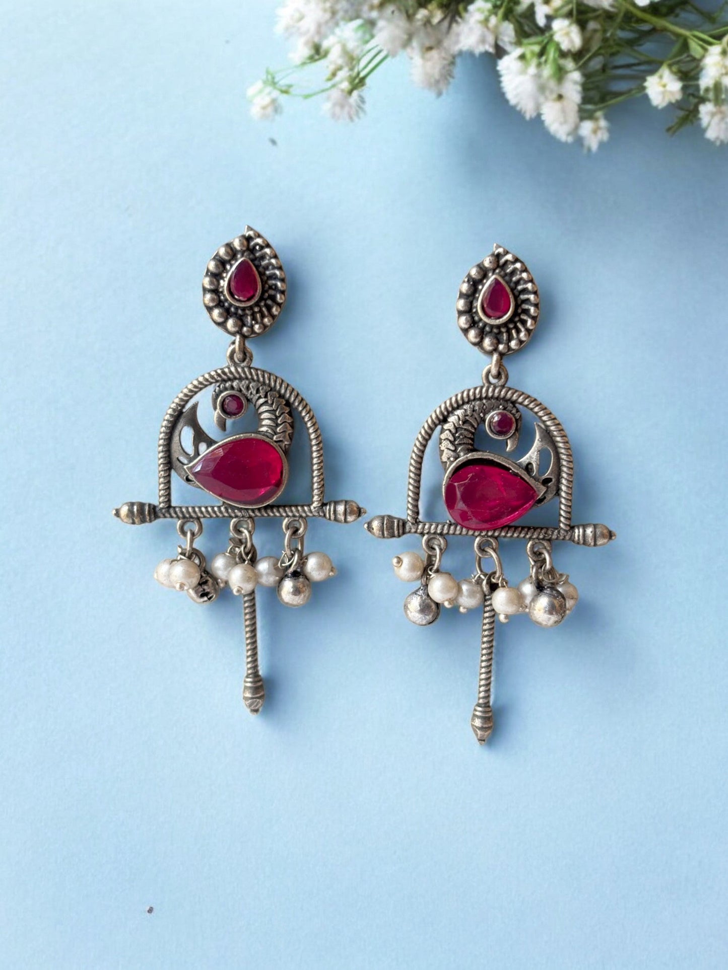 Maral Magenta Red Oxidized Dangle Earrings
