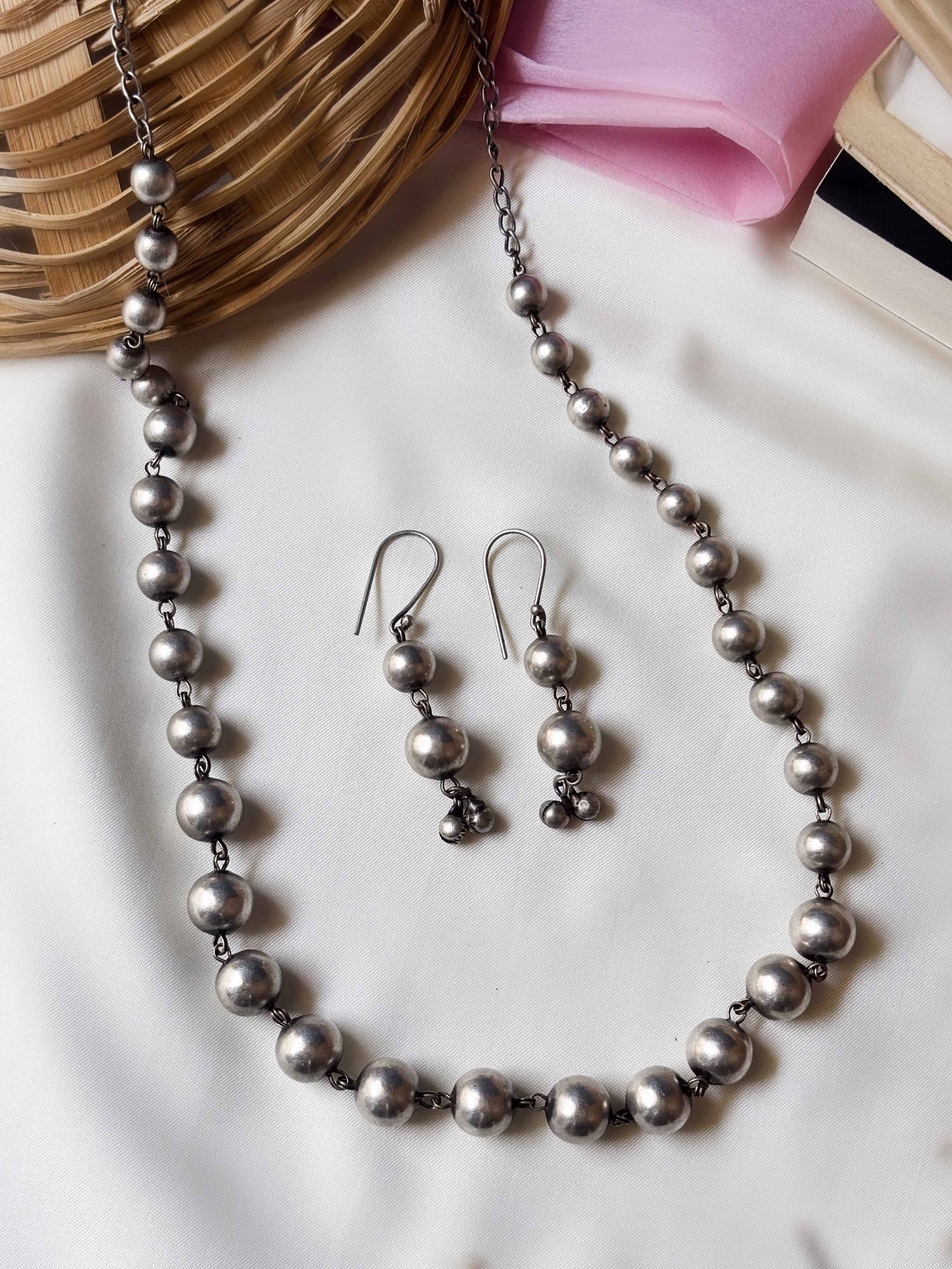 Matarmala Oxidized Silver Beads Long Necklace Set with Earrings