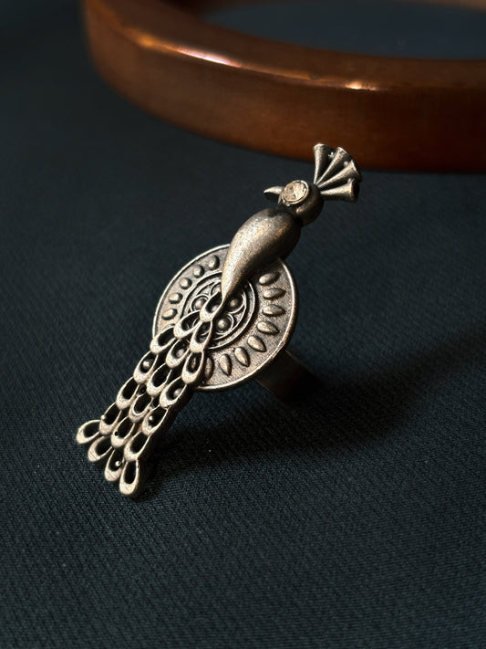 Mayil Oxidized Silver Adjustable Ring