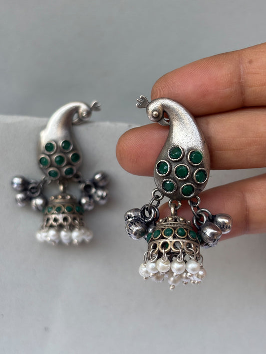 Mayurakshi Green Monalisa Stone Oxidized Jhumki Earrings