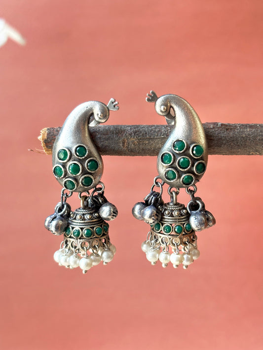 Mayurakshi Green Monalisa Stone Oxidized Jhumki Earrings