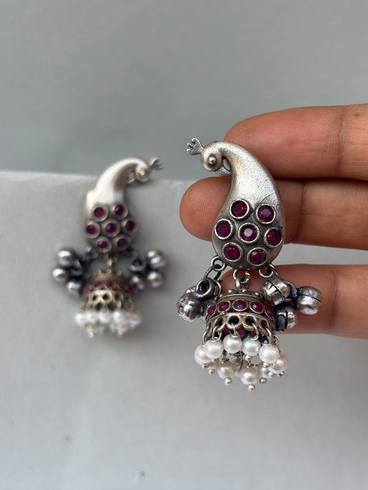 Mayurakshi Red Monalisa Stone Oxidized Jhumki Earrings