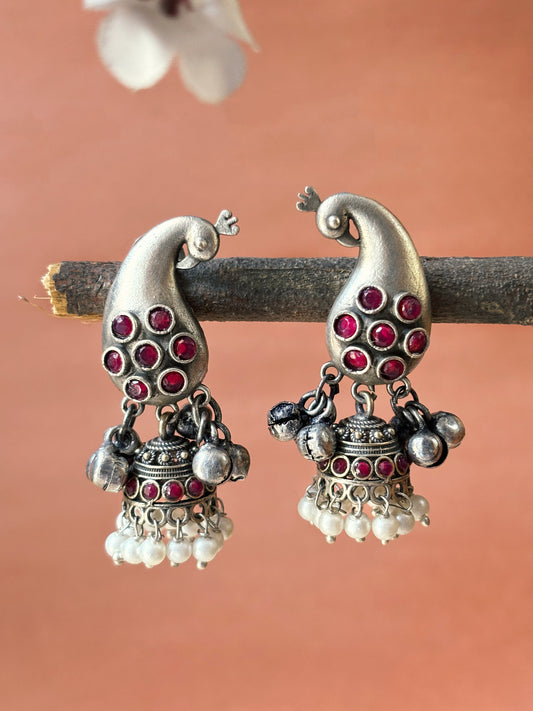 Mayurakshi Red Monalisa Stone Oxidized Jhumki Earrings