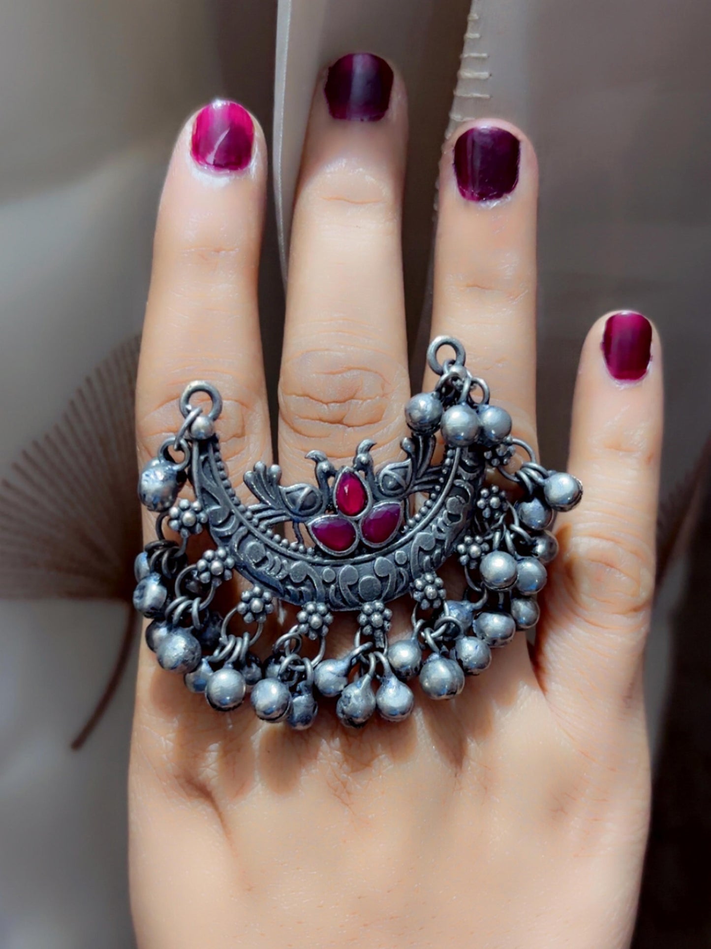 Meet Red Magenta Ghungroo Oxidized Adjustable Ring