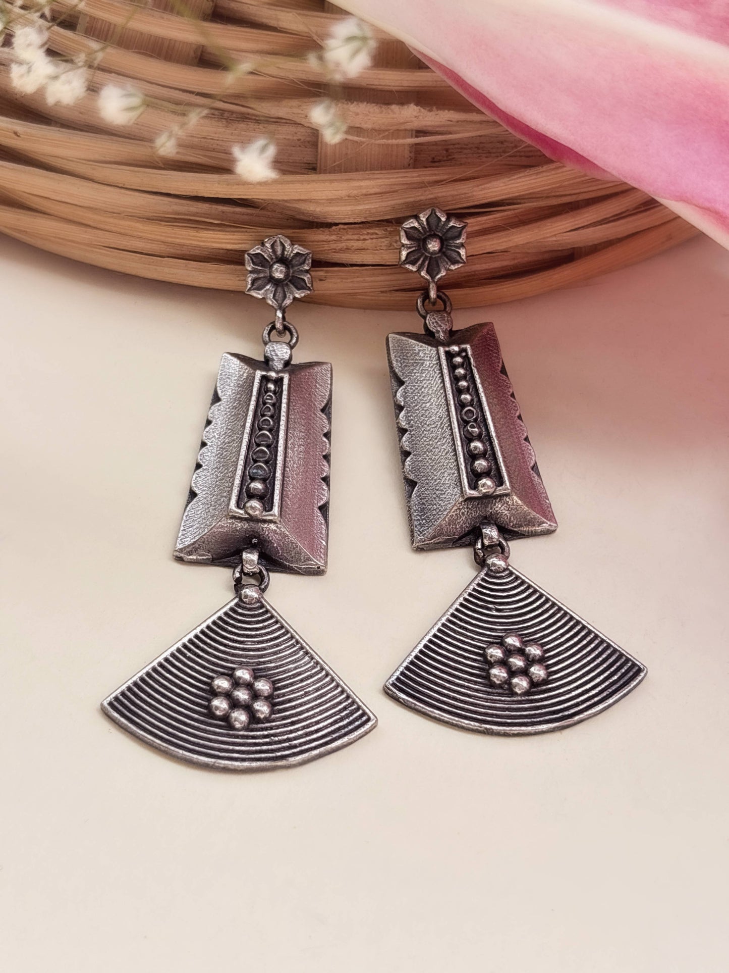 Miraya Long Dangle Oxidized Silver Boho Earrings