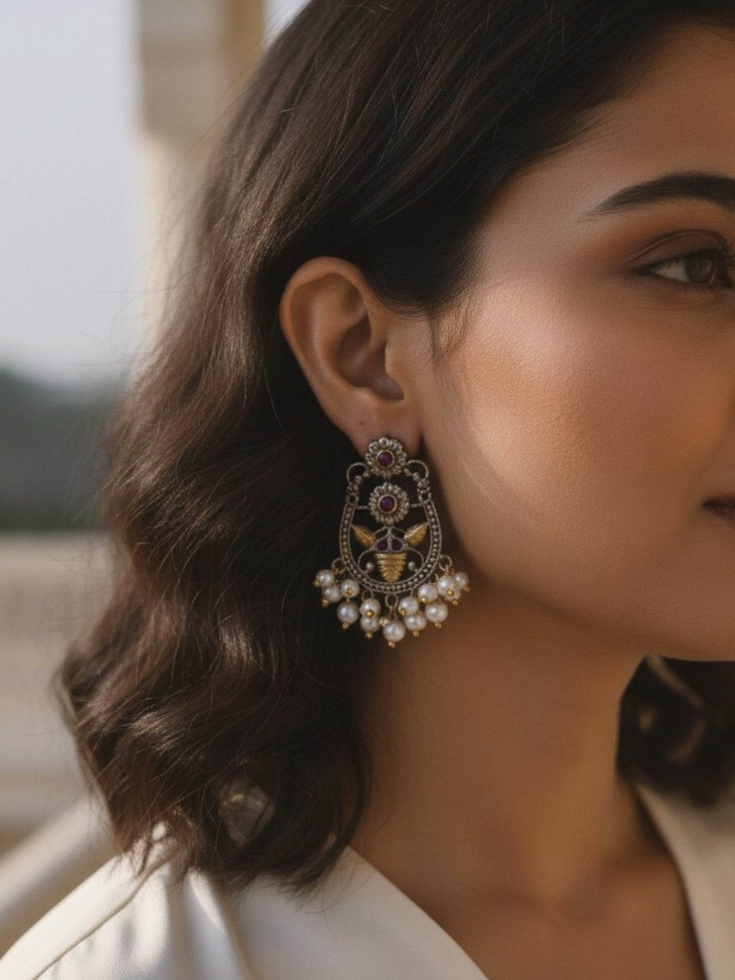 Mrinalini Red Dual Tone Pearl Danglers