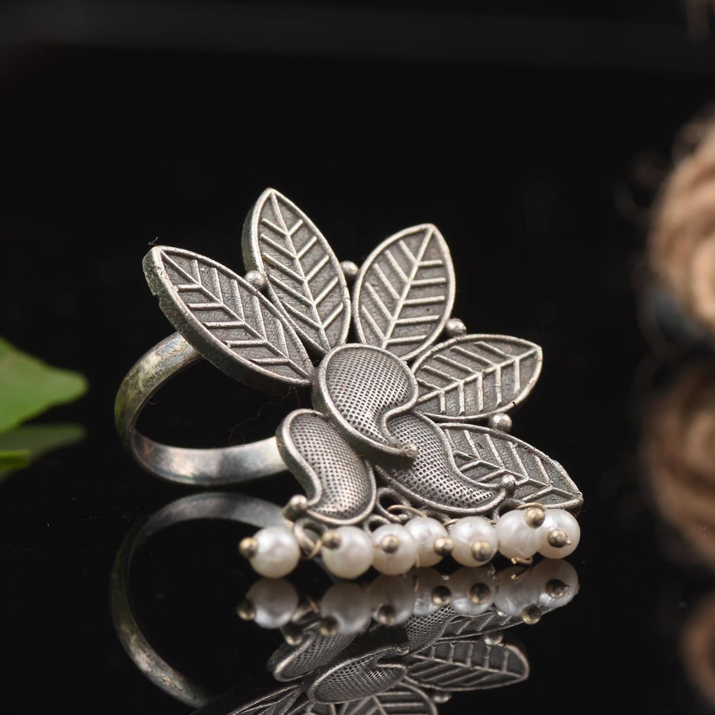 Mogra Oxidised Silver Finger Ring – Adjustable