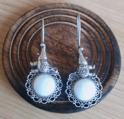 White Hathi Oxidised Hook Earrings