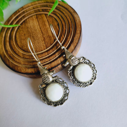 White Hathi Oxidised Hook Earrings