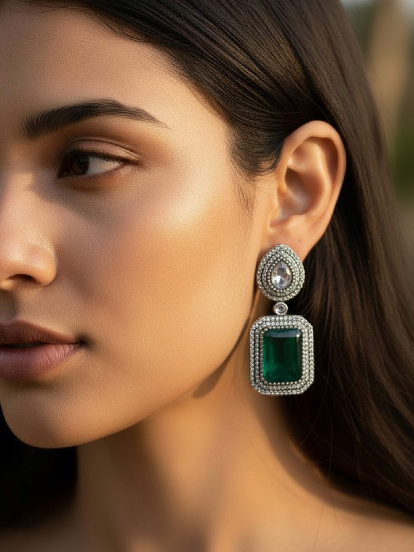 Nakshatra Green Monalisa Zircon Dangle Earrings