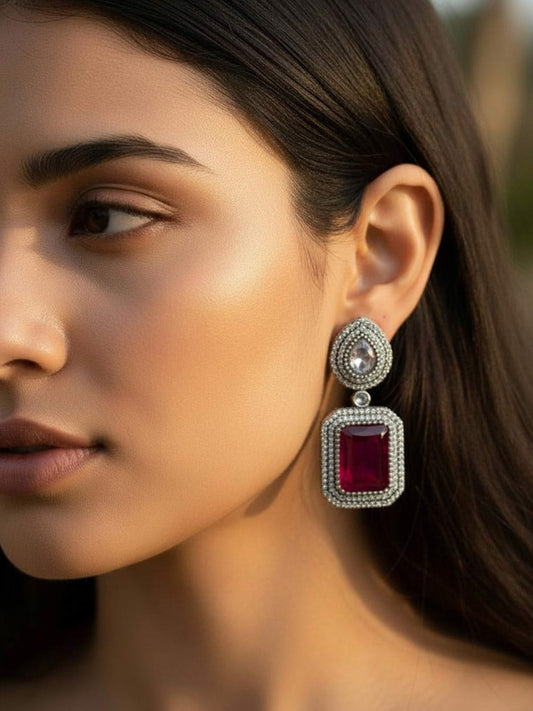 Nakshatra Red Monalisa Zircon Dangle Earrings