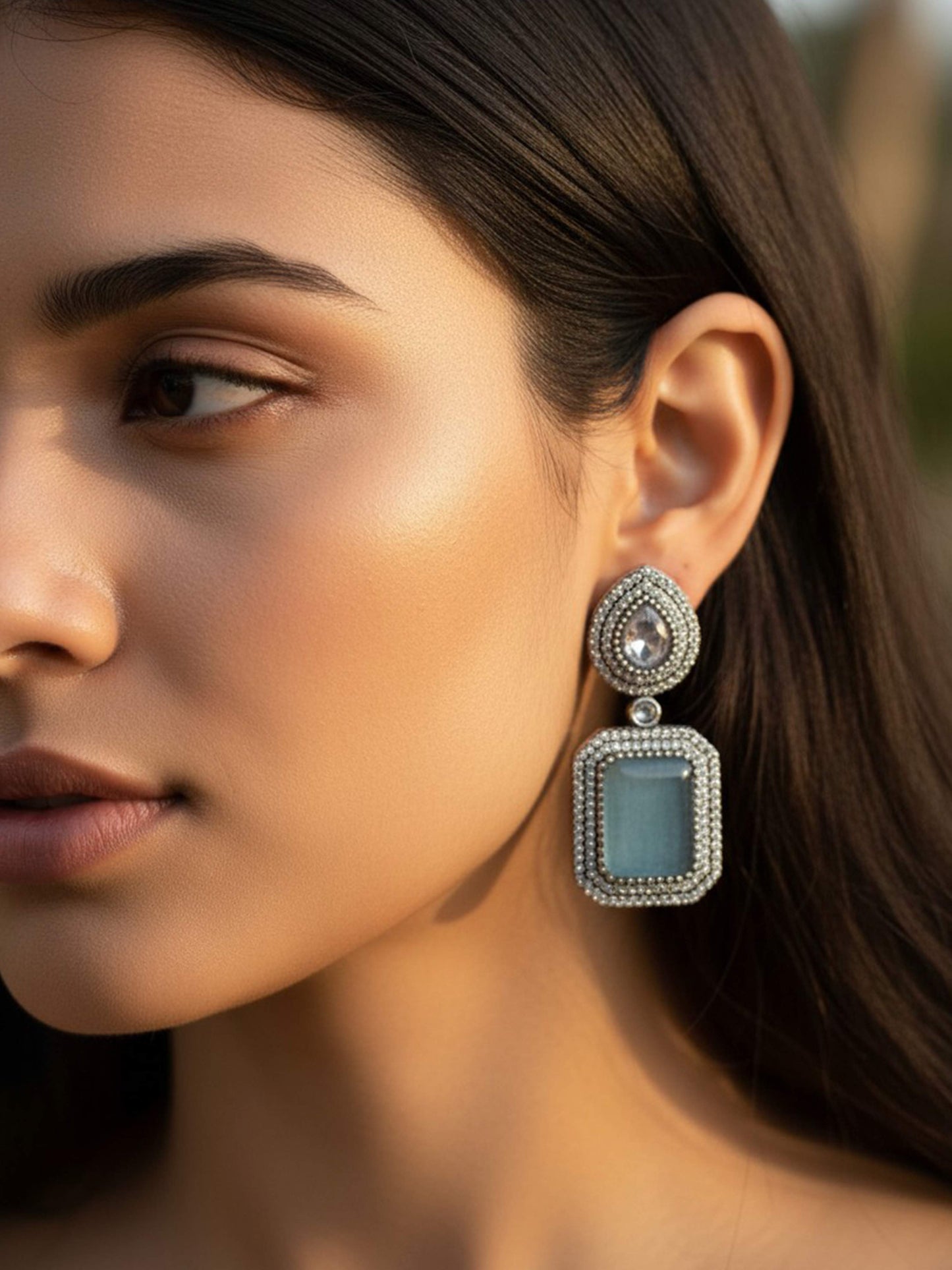 Nakshatra Sky-Blue Monalisa Zircon Dangle Earrings