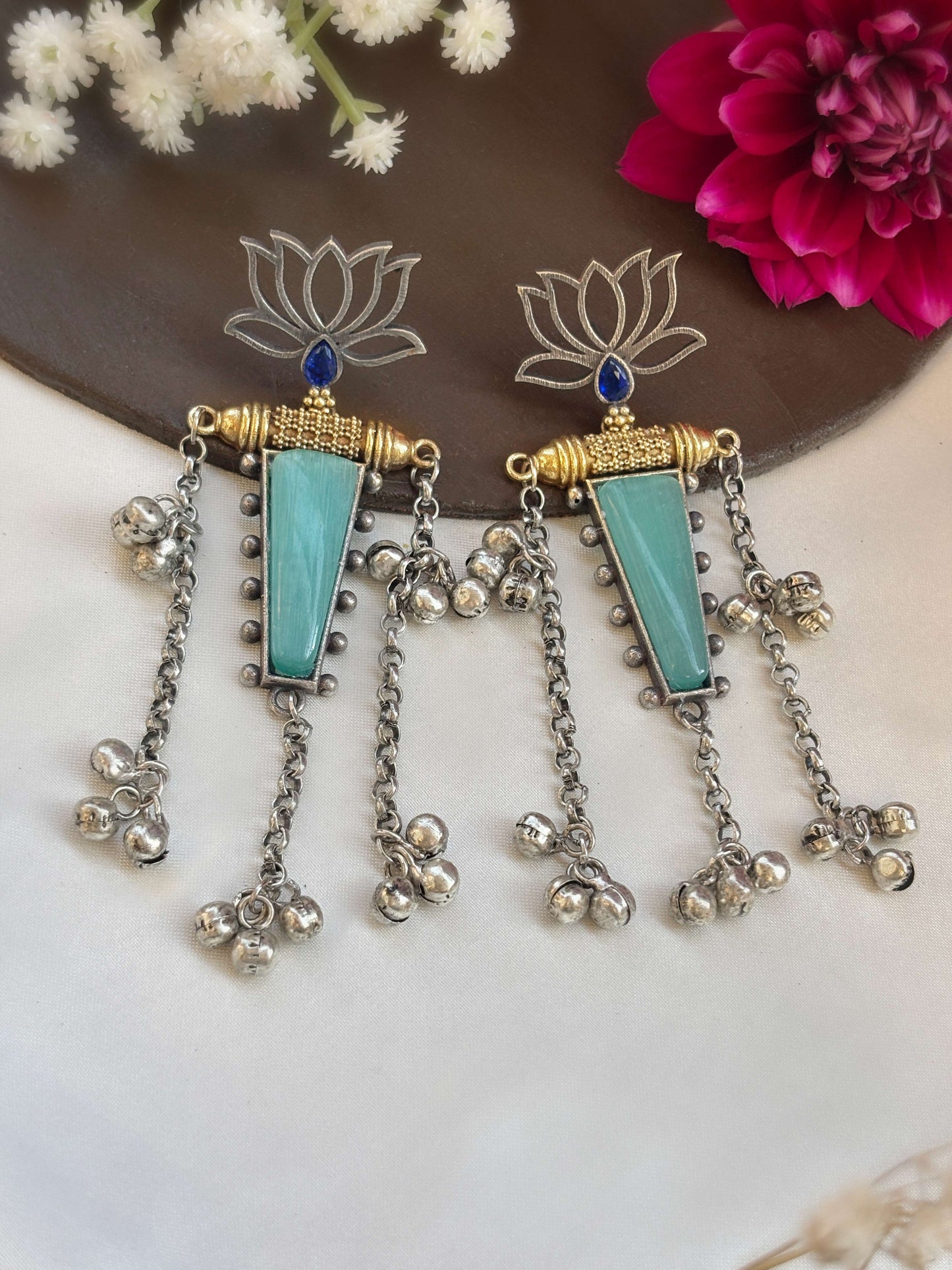 Nalinakshi Blue Cyan Monalisa Stone Dual Tone Ghungroo Dangle