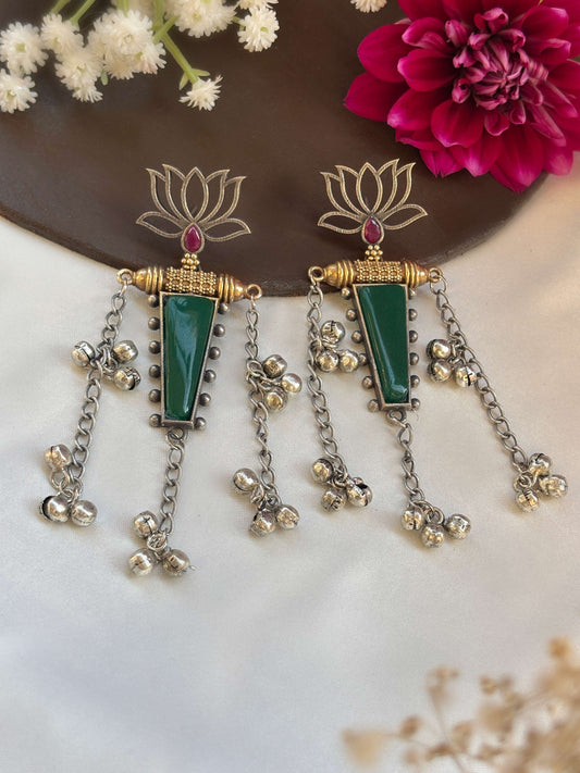 Nalinakshi Green Red Monalisa Stone Dual Tone Ghungroo Dangle