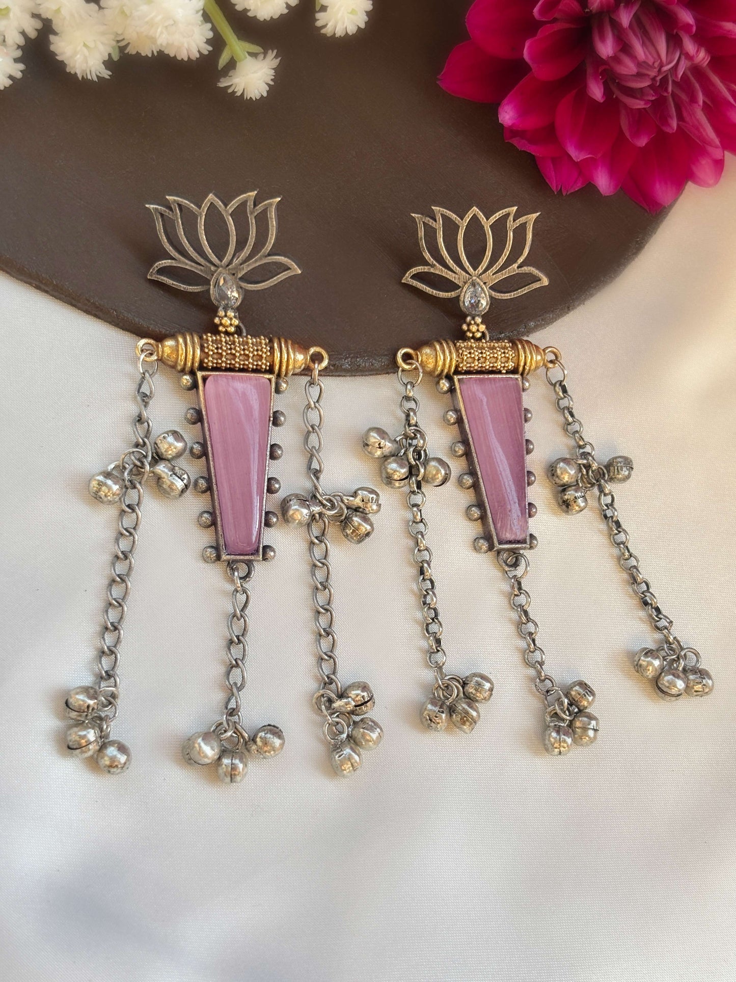 Nalinakshi Pink Clear Monalisa Stone Dual Tone Ghungroo Dangle