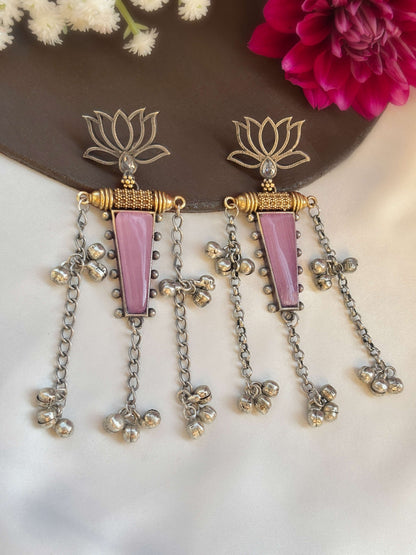 Nalinakshi Pink Clear Monalisa Stone Dual Tone Ghungroo Dangle