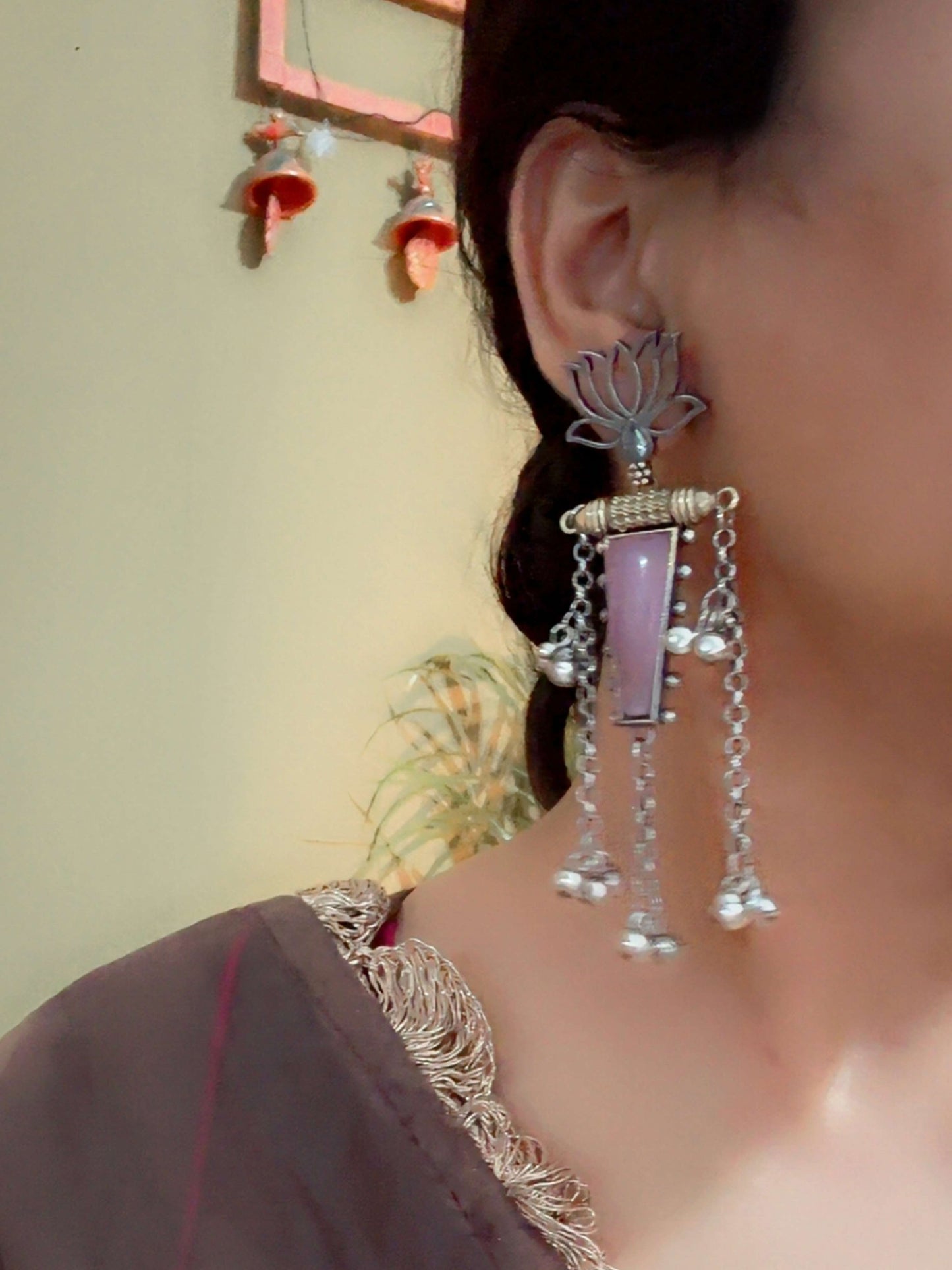 Nalinakshi Pink Clear Monalisa Stone Dual Tone Ghungroo Dangle