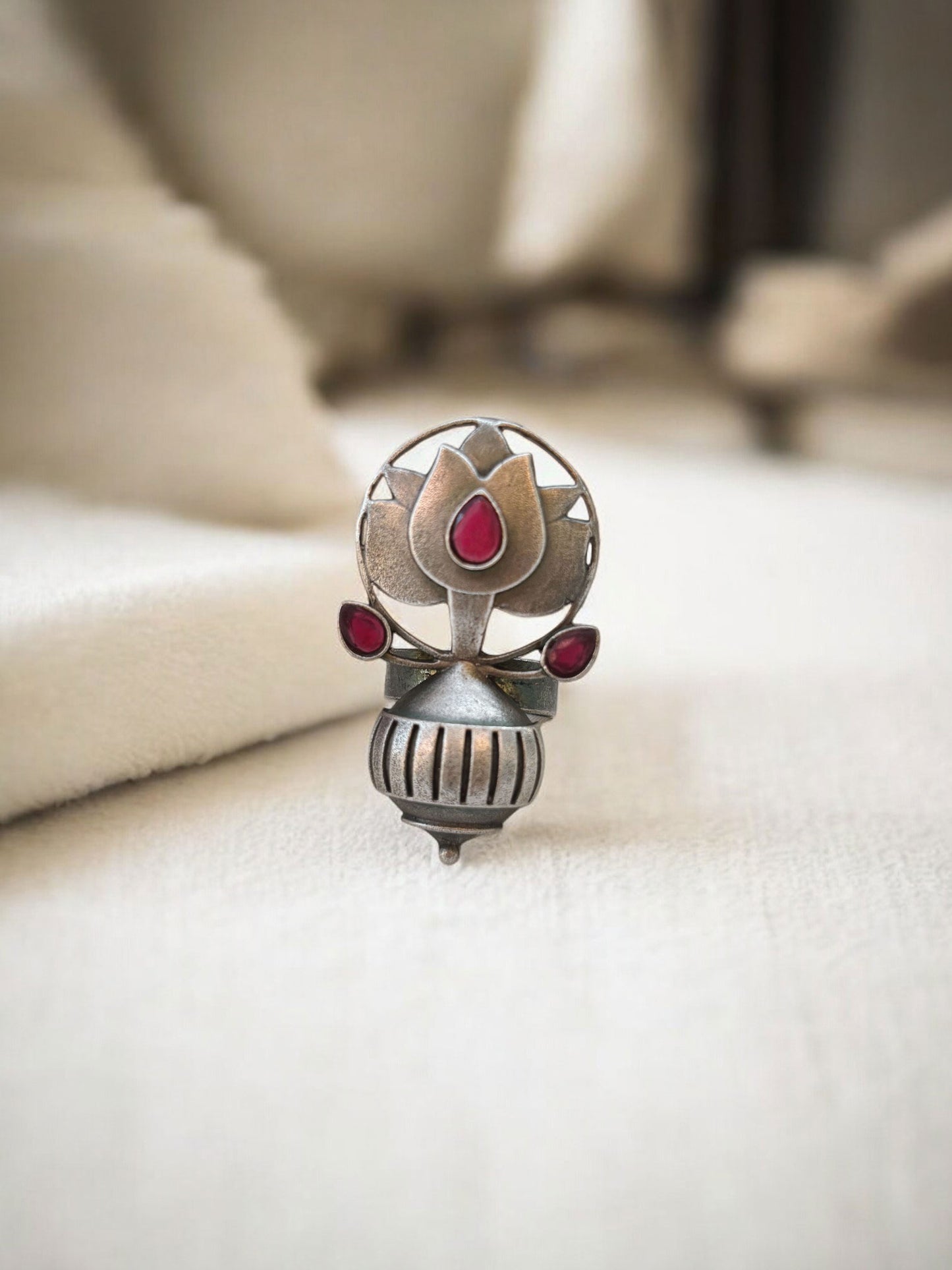 Nalini Red Oxidized Silver Adjustable Ring