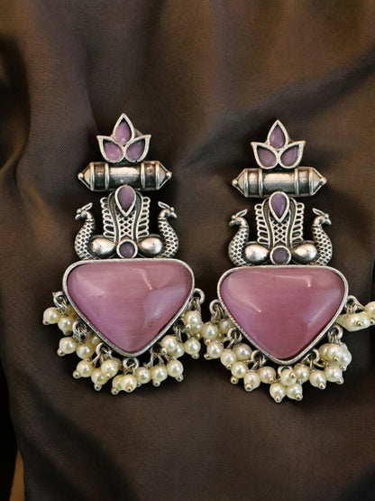 Nazakat Pink Monalisa Stone Oxidized Dangle Earrings