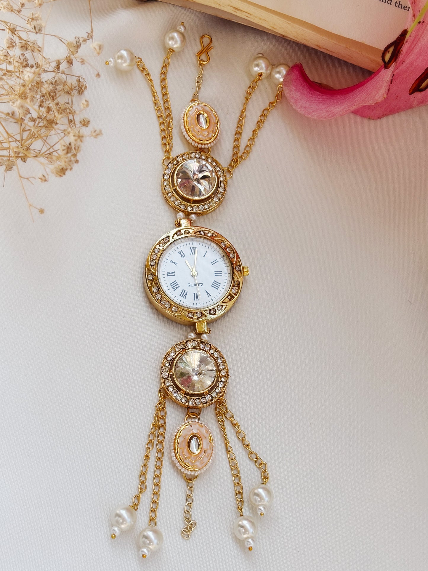 Nazam Golden Pearl Chain Drop Watch Bracelet