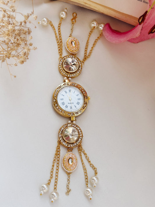 Nazam Golden Pearl Chain Drop Watch Bracelet