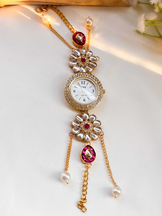 Nazam Golden Pearl Chain Drop Watch Bracelet