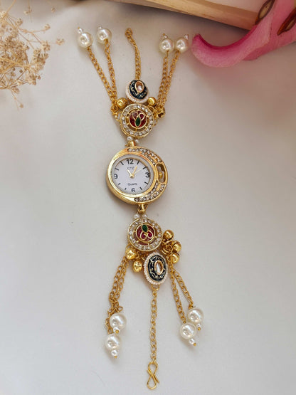 Nazgul Golden Pearl & Ghungroo Chain Drop Watch Bracelet