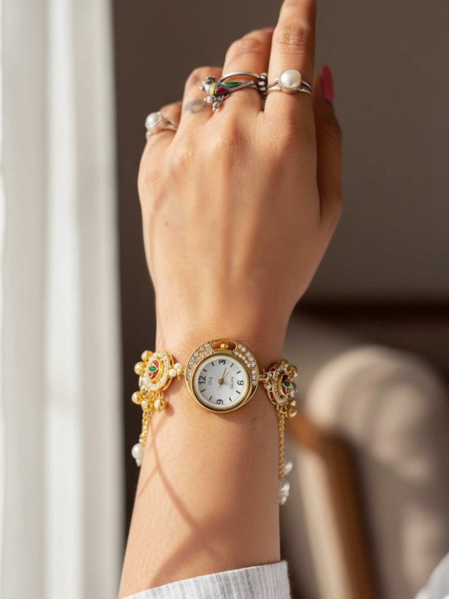 Nazgul Golden Pearl & Ghungroo Chain Drop Watch Bracelet