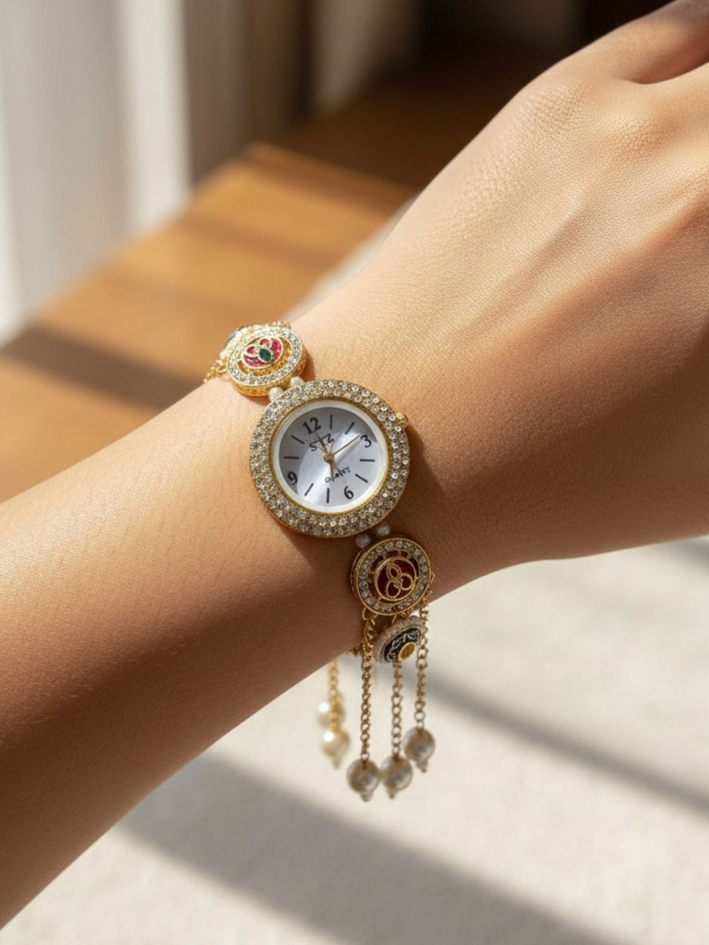 Nazgul-2 Golden Pearl Chain Drop Watch Bracelet