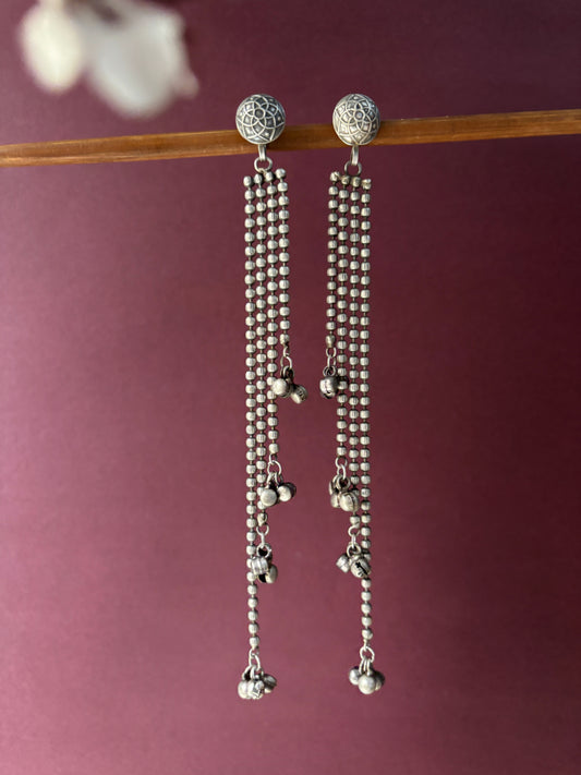 Neeharika Long Chain Layer Ghungroo Oxidized Earrings
