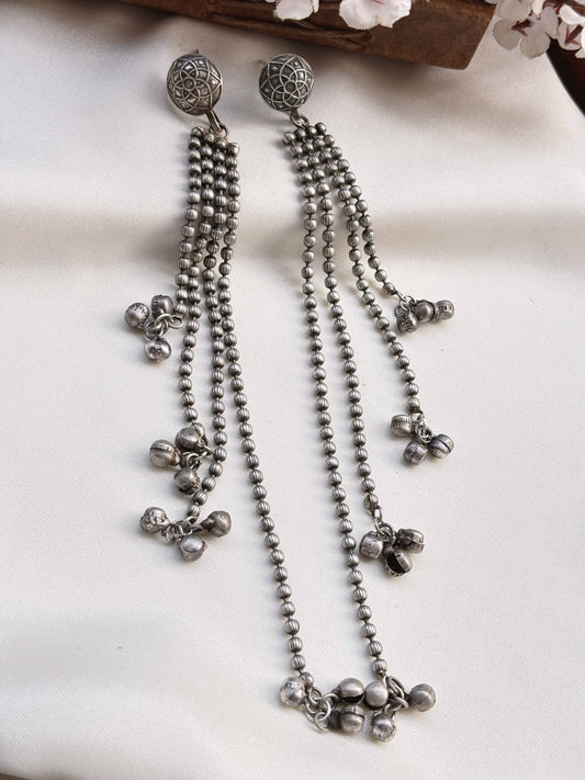 Neeharika Long Chain Layer Ghungroo Oxidized Earrings