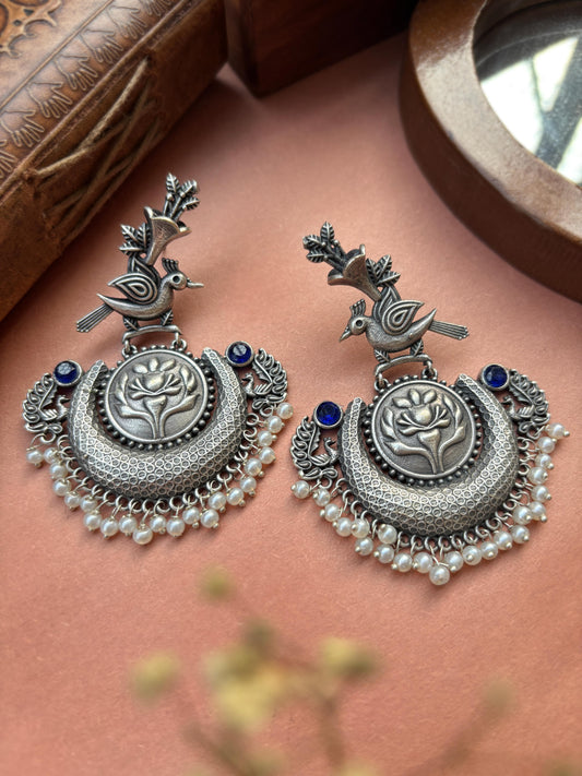 Nouri Blue Monalisa Stone Pearl Chandbali Oxidized Statement Earrings
