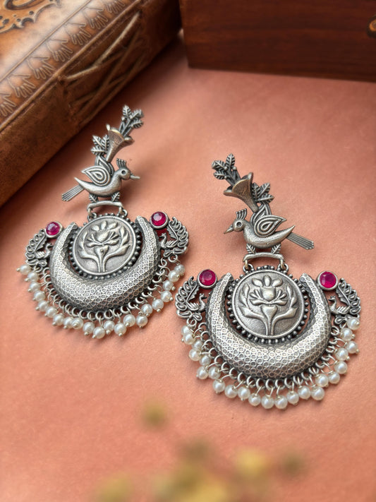 Nouri Red Magenta Monalisa Stone Pearl Chandbali
