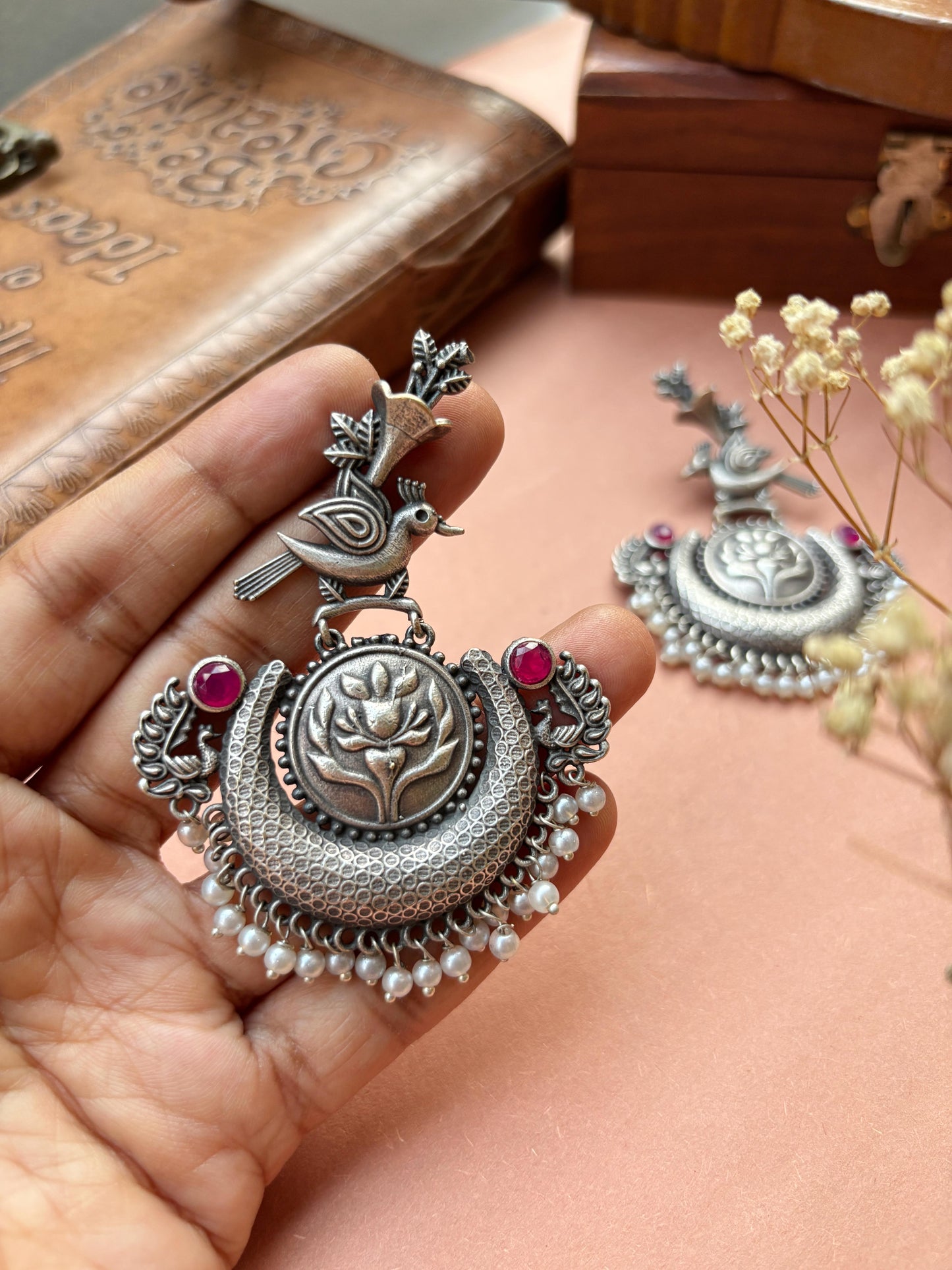 Nouri Red Magenta Monalisa Stone Pearl Chandbali