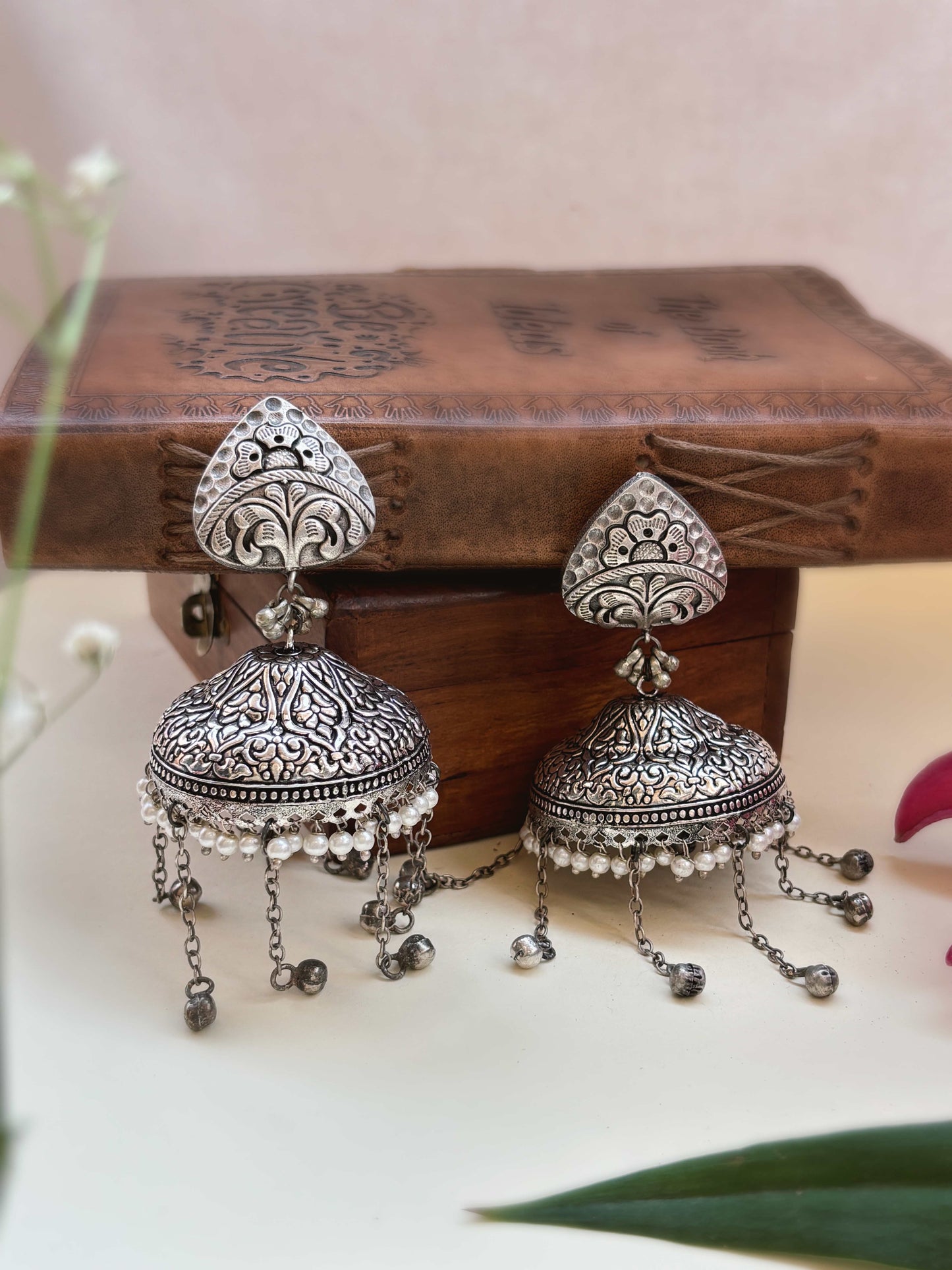 Oni Big Dome Ghungroo Chains Silver Pearl Jhumka