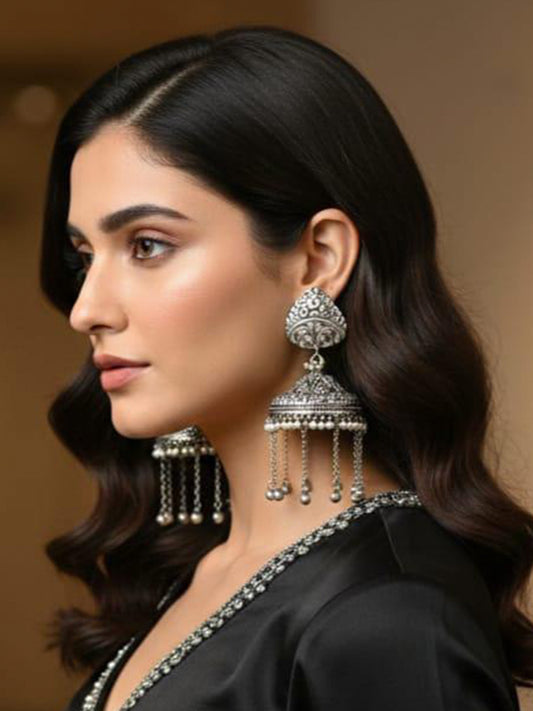 Oni Big Dome Ghungroo Chains Silver Pearl Jhumka