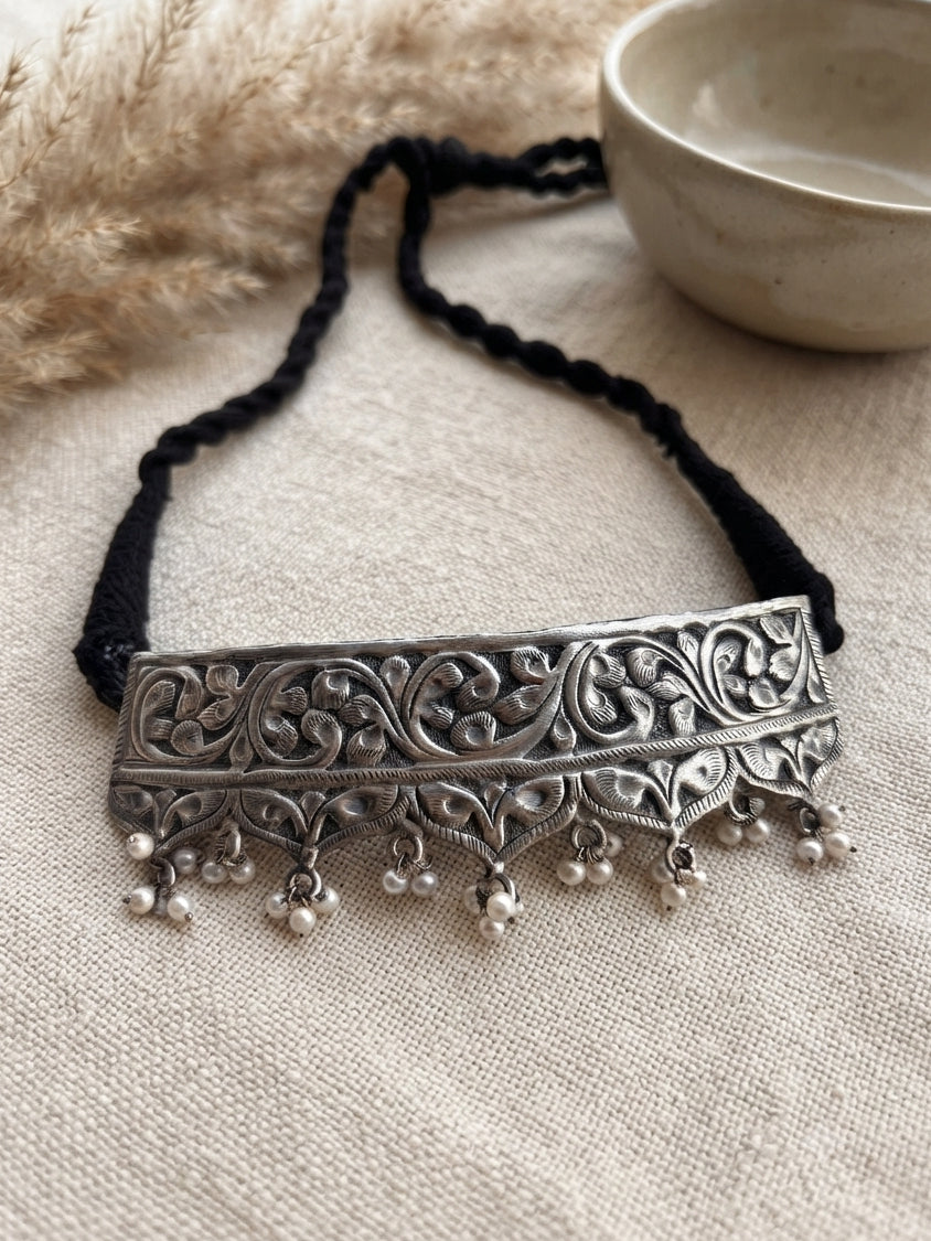 Oorja Oxidized Silver Hasli Pearl Choker Necklace