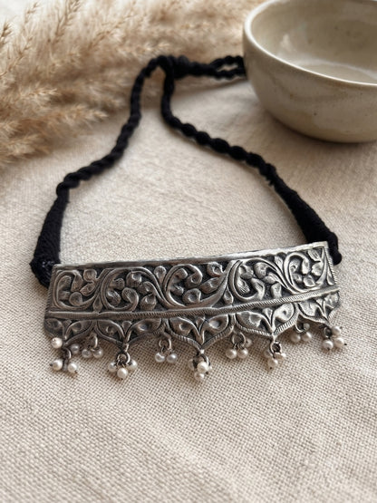Oorja Oxidized Silver Hasli Pearl Choker Necklace