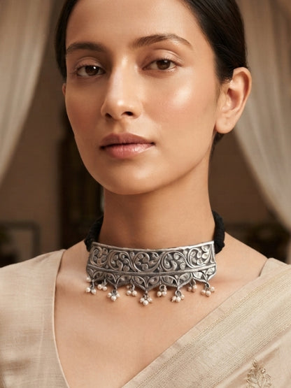 Oorja Oxidized Silver Hasli Pearl Choker Necklace