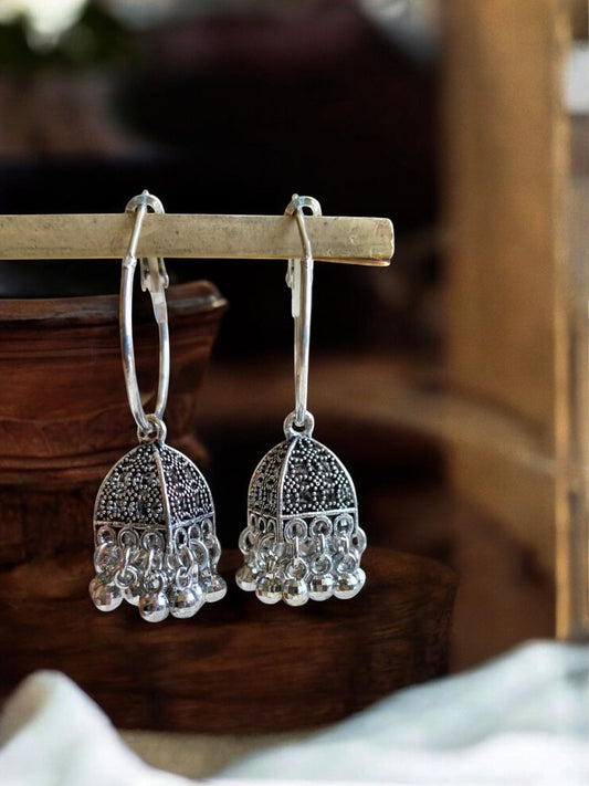 Opal Bali Oxidized Silver Hoop Jhumka Earrings