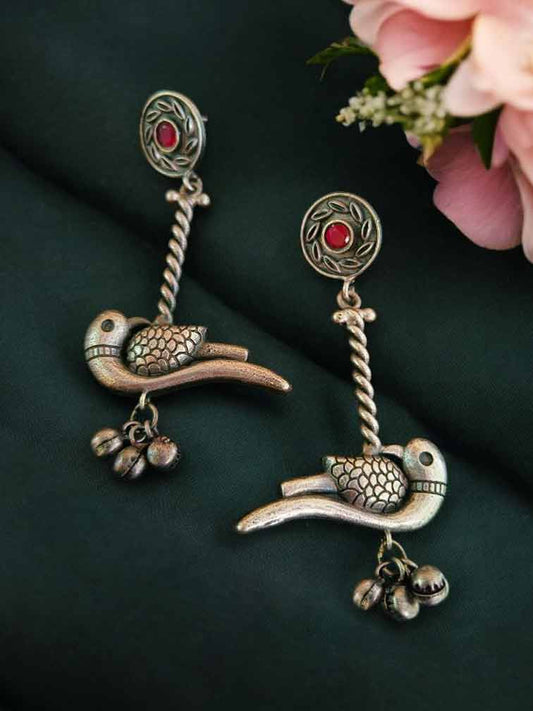 Panchi Red Ghungroo Oxidized Dangle Drop Earrings