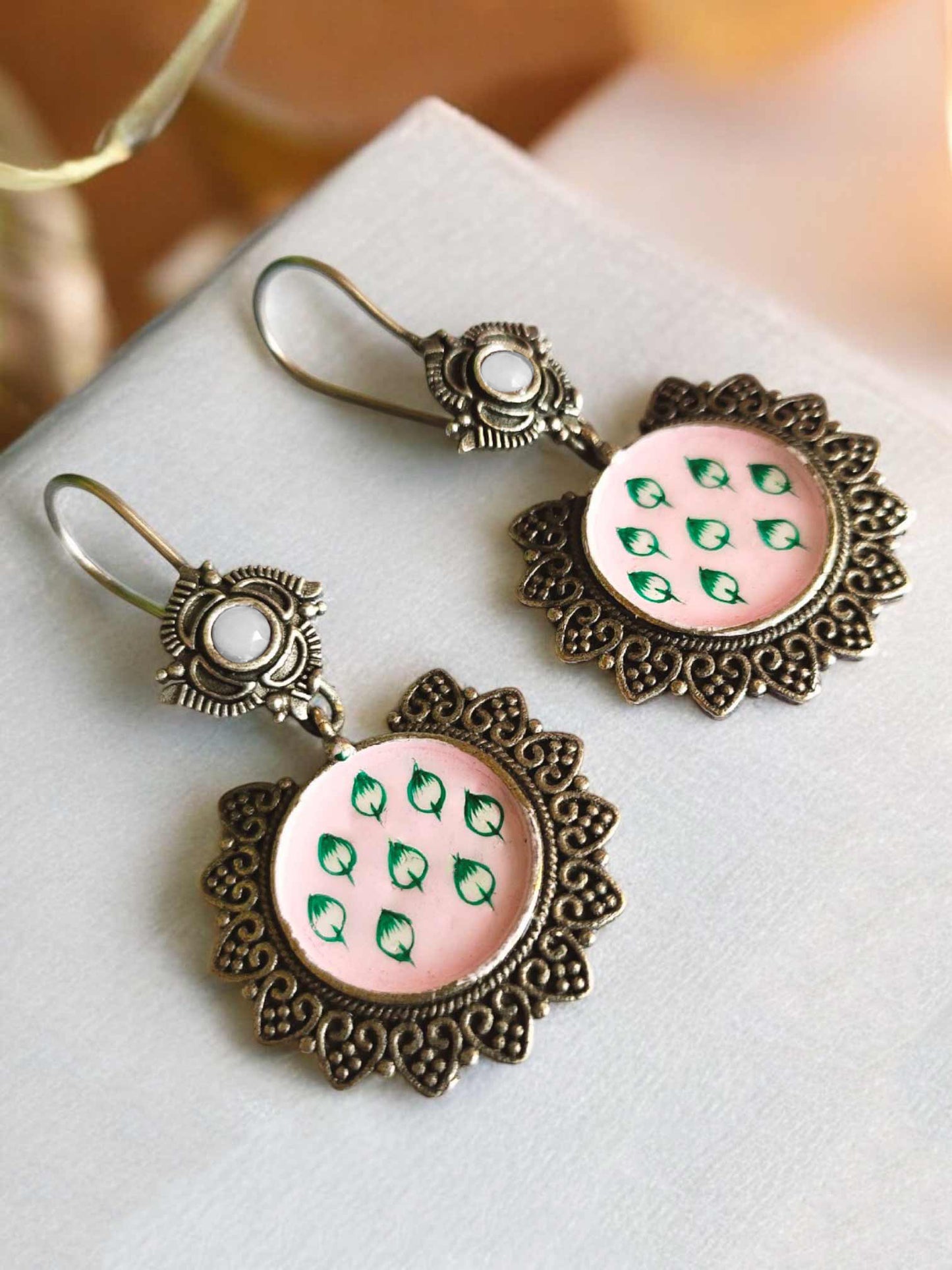 Pink Pearl Meenakari Hand painted Hook Earrings