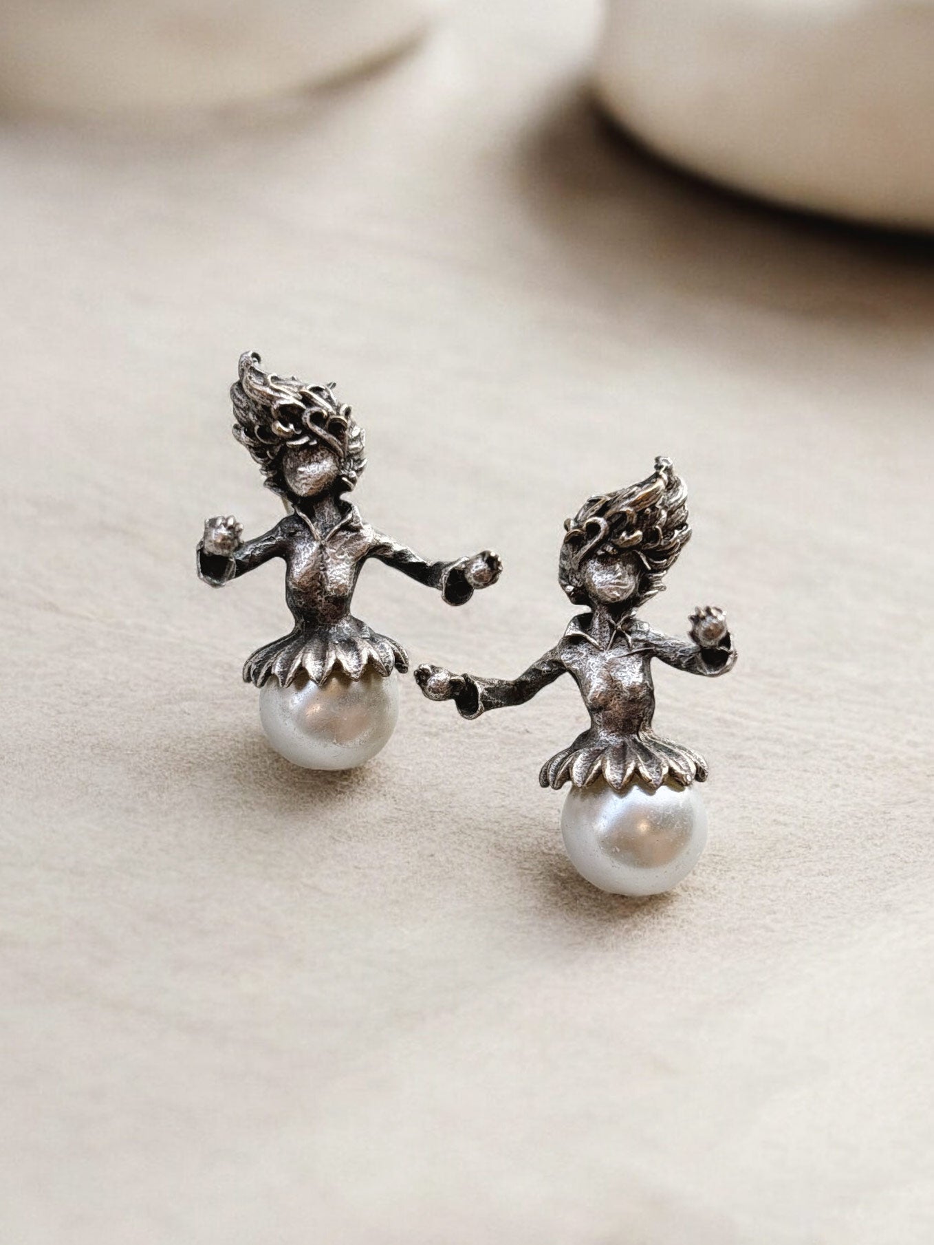Quirky Angel Big Pearl Studs — Oxidized Boho Earrings