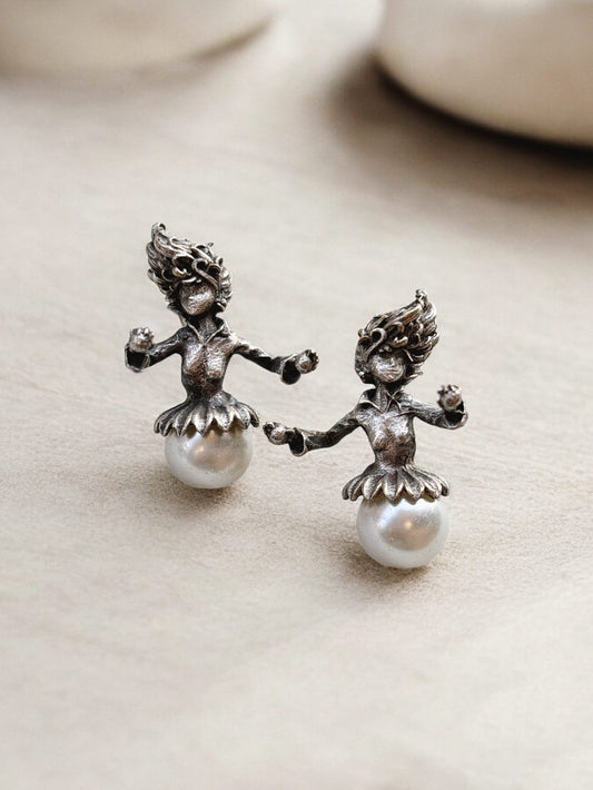 Quirky Angel Big Pearl Studs — Oxidized Boho Earrings