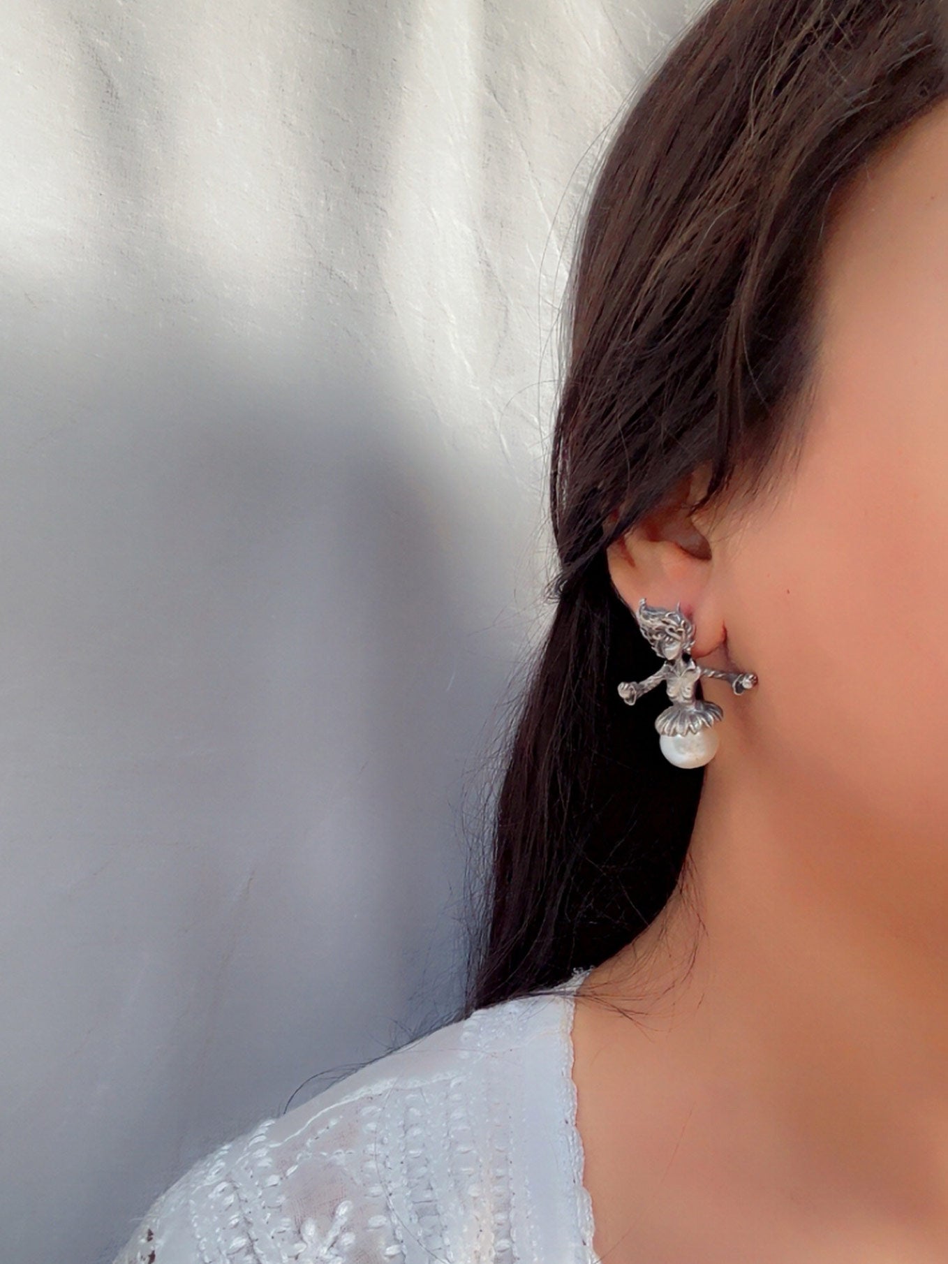 Quirky Angel Big Pearl Studs — Oxidized Boho Earrings